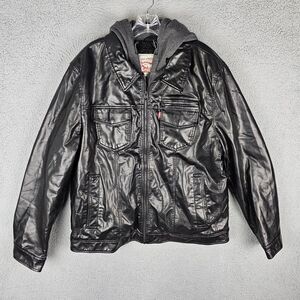 Levis Jacket XL Hooded Faux Leather Brown Sherpa Lined Full Zip Mens Double Zip